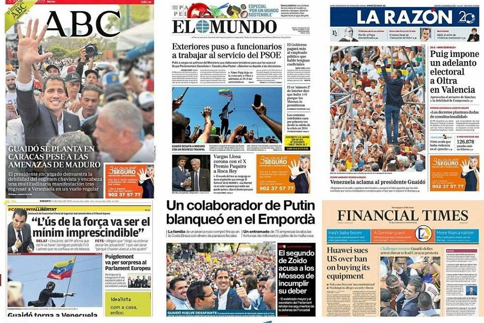 Principales periódicos del mundo reflejan en sus portadas regreso de Guaidó