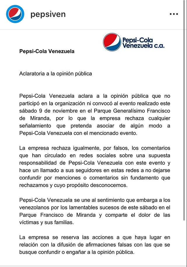 Pepsi-Cola Venezuela desmiente vínculos con concierto en el Parque del Este