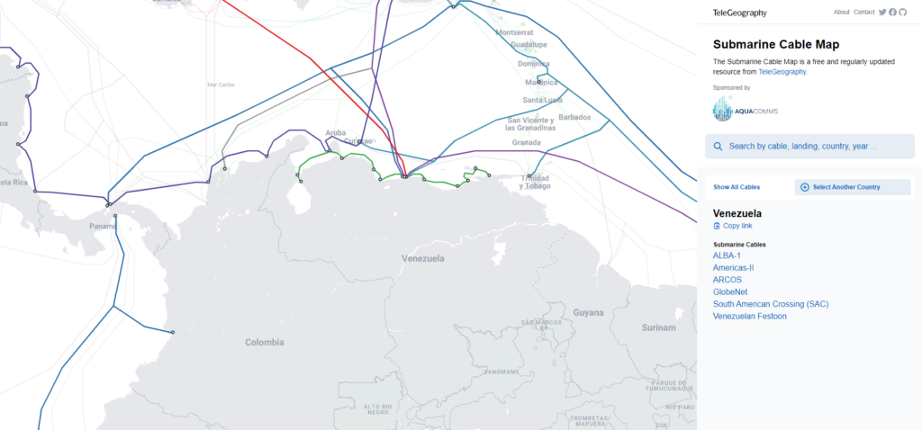 Cables submarinos que llevan internet por fibra óptica a Venezuela