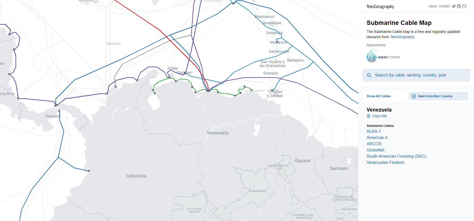 Cables submarinos que llevan internet por fibra óptica a Venezuela