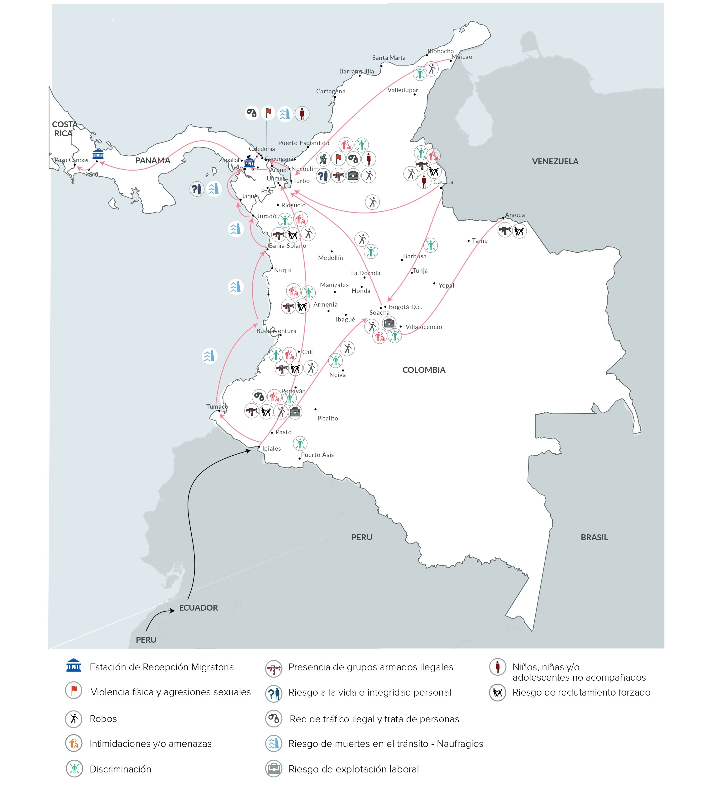 Rutas y riesgos identificados en el recorrido hacia el Darién. Mapa contenido en el informe "Sobreviviendo al Darién:la travesía de refugiados y migrantes por la selva". Recopila los cambios de los movimientos migratorios entre julio de 2022 y enero de este año