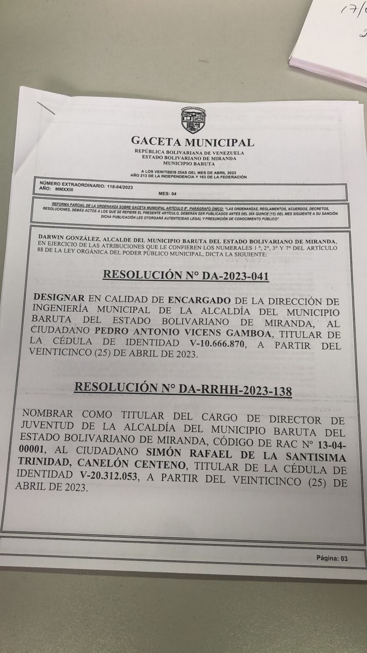 Resolución Alcaldía Baruta nombramiento nuevo ingeniero municipal 