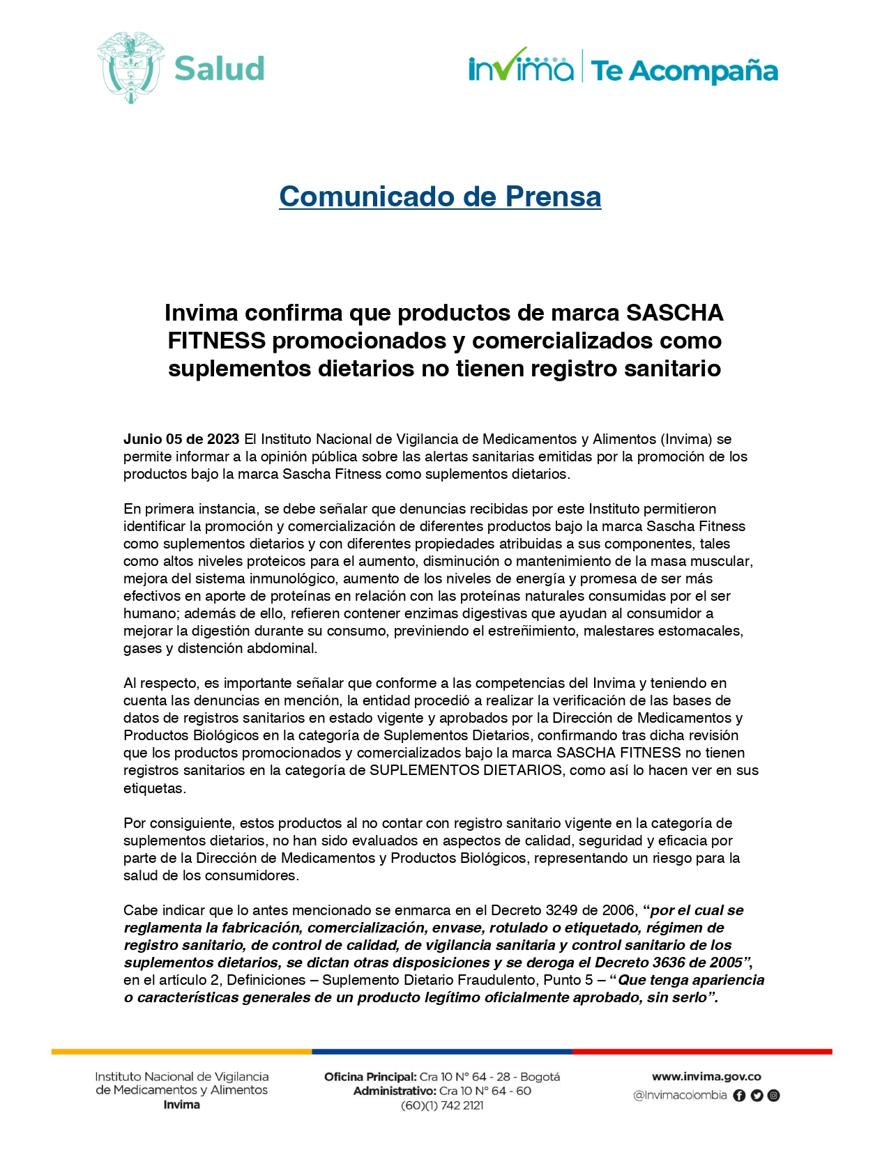 Polémica entre Sascha Fitness y el Invima: la entidad reitera que no tiene  registro sanitario para suplementos dietarios