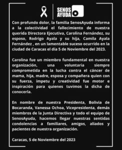 SenosAyuda sobre el fallecimiento de Carolina Fernández