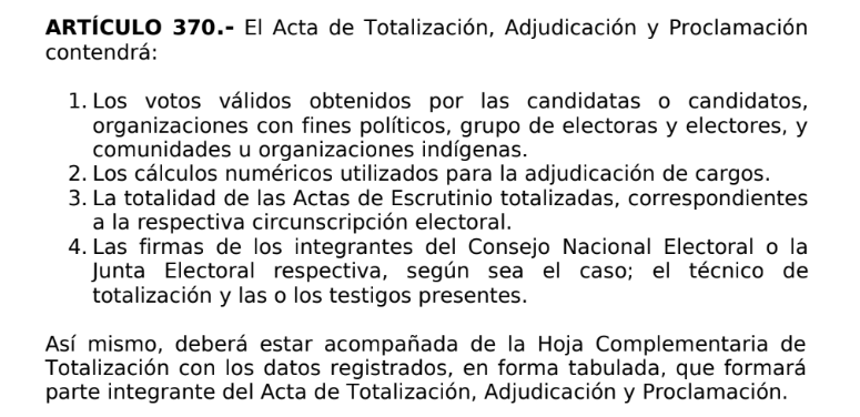 Reglamento LOPE acta de totalización y adjudicación