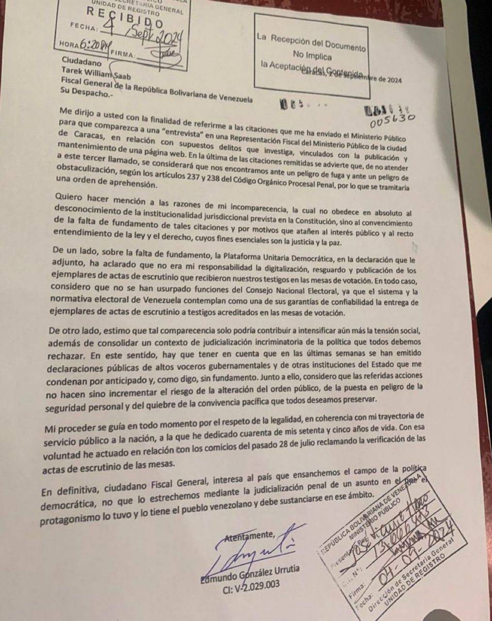 Carta de González Urrutia