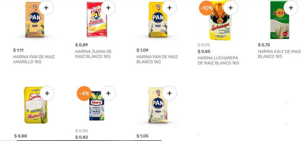 Captura de pantalla precios de algunas marcas de harina de maíz en un supermercado