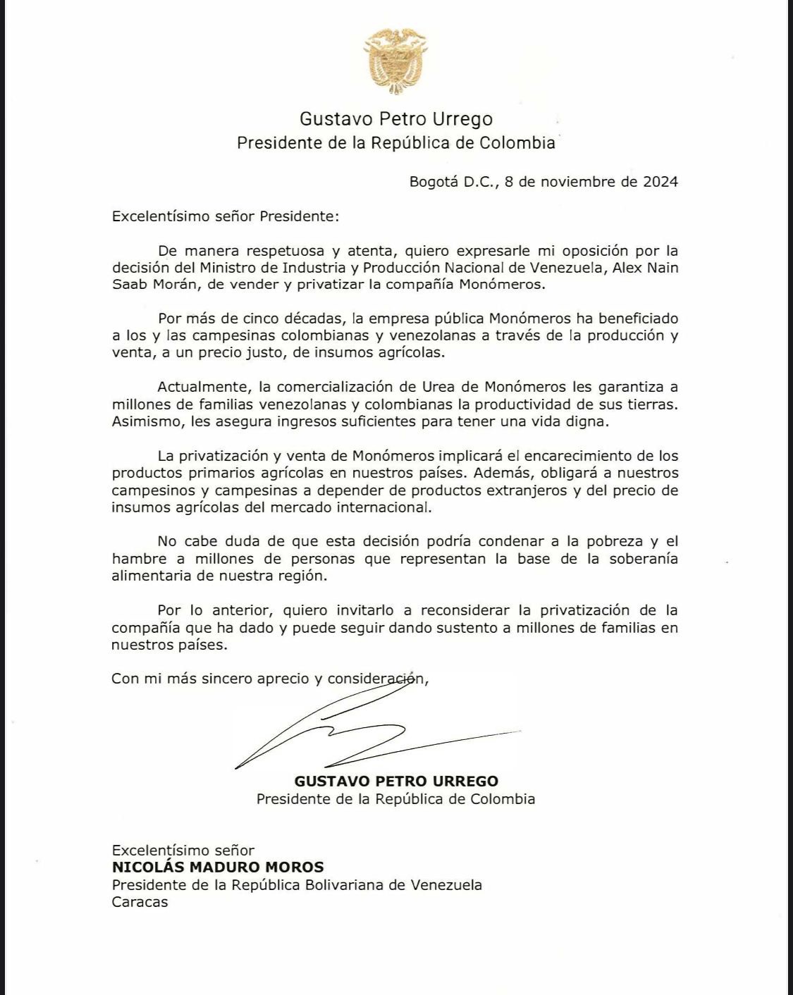 Carta de Petro a Maduro