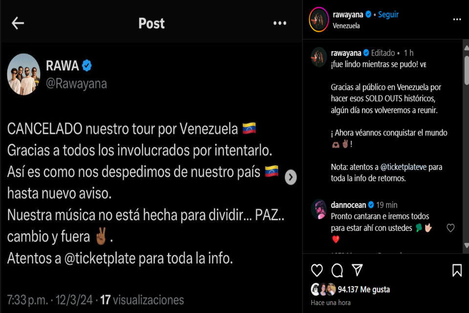 Rawayana confirma cancelación de su gira vía instagram