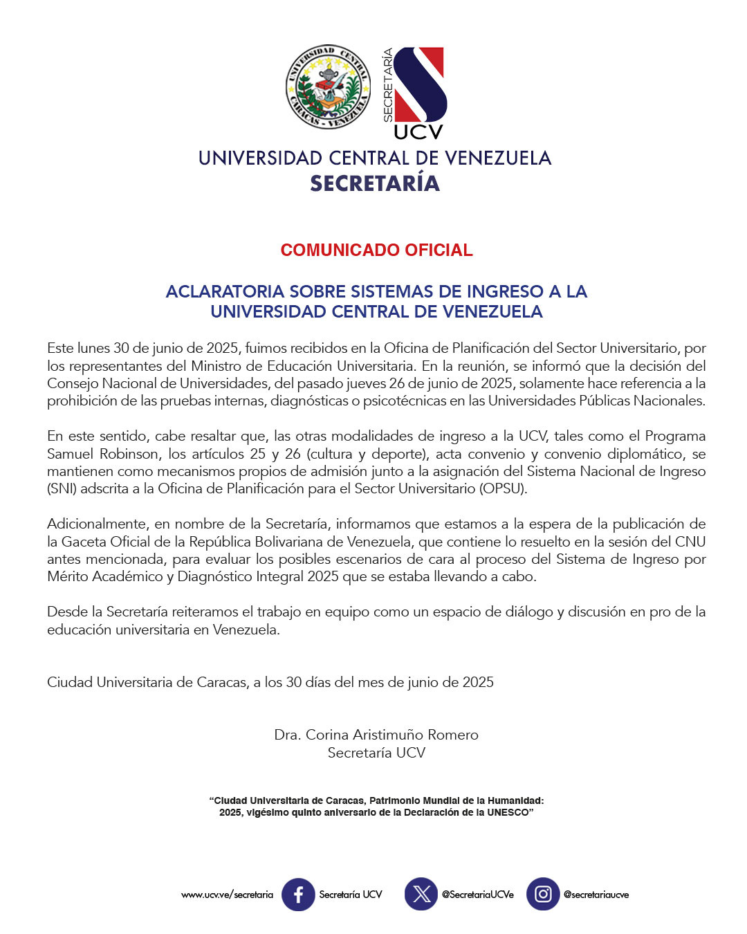 Comunicado UCV sistema de ingreso universidades