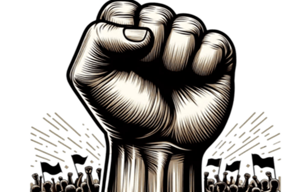 Una ilustración que muestre un puño cerrado (símbolo sindical) hecho de hormigón o metal oxidado, encadenado o atado a un engranaje gigantesco y despersonalizado que simboliza el Estado o una máquina corporativista